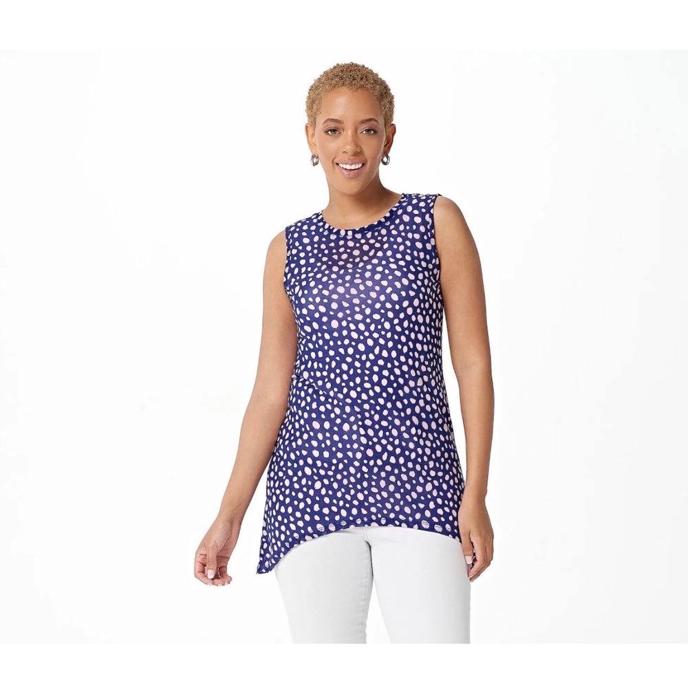 LOGO Layers by Lori Goldstein Navy Tan Polka Dot Mesh Sleeveless Top 1X